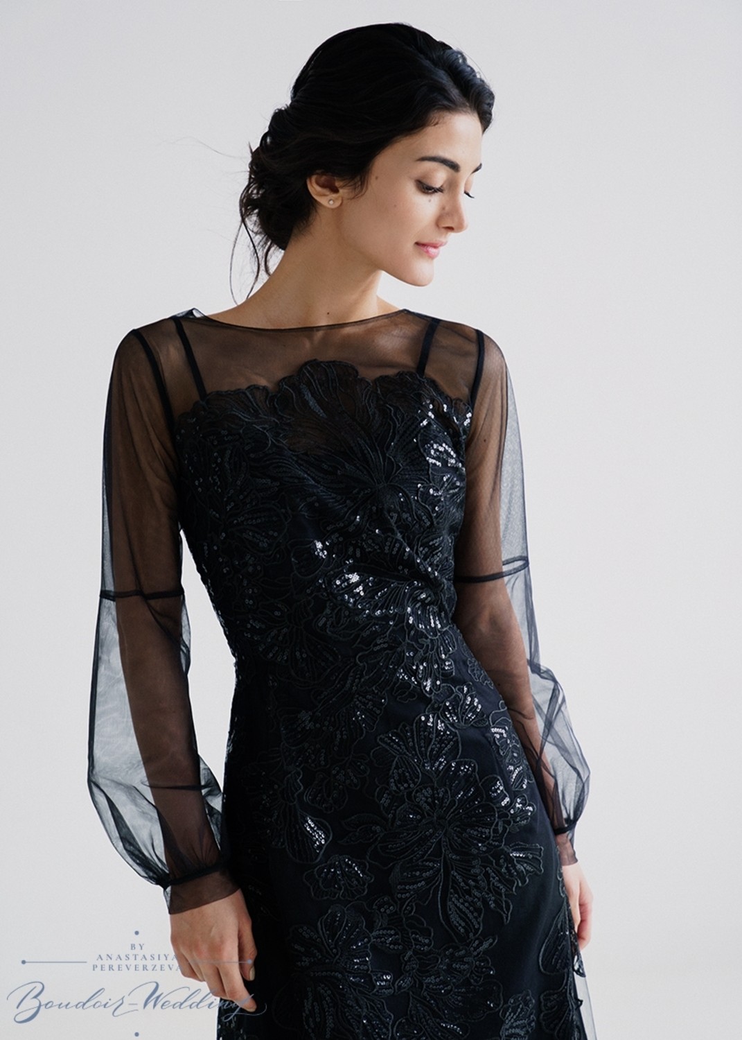 Фото Черное вечернее платье Persephone с кружевом